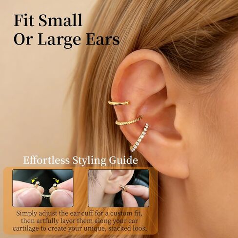 Ear Cuffs Earrings for Women-3PCS Non Piercing,14K Gold Plated Clips on Cartilage Earrings Cuff Set,Stackable Huggie Hoop Fake Piercing Jewelry in Saudi Arabia