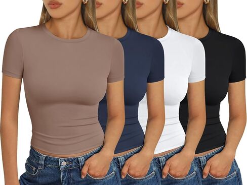 Trendy Queen Womens 4 Pack Basic T Shirts Short Sleeve Workout Tops Crop Cute Tees Compression Casual Y2K Athletic Gym Fitted in Kuwait