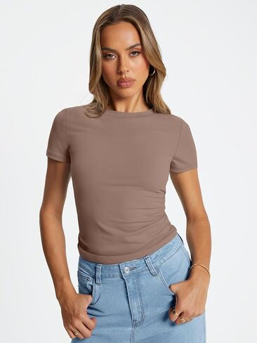 Trendy Queen Womens 4 Pack Basic T Shirts Short Sleeve Workout Tops Crop Cute Tees Compression Casual Y2K Athletic Gym Fitted in Kuwait