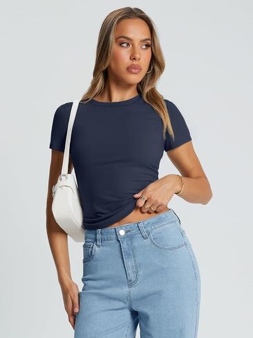 Trendy Queen Womens 4 Pack Basic T Shirts Short Sleeve Workout Tops Crop Cute Tees Compression Casual Y2K Athletic Gym Fitted in Kuwait