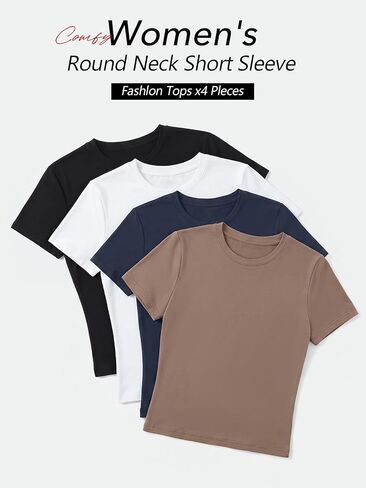 Trendy Queen Womens 4 Pack Basic T Shirts Short Sleeve Workout Tops Crop Cute Tees Compression Casual Y2K Athletic Gym Fitted in Kuwait