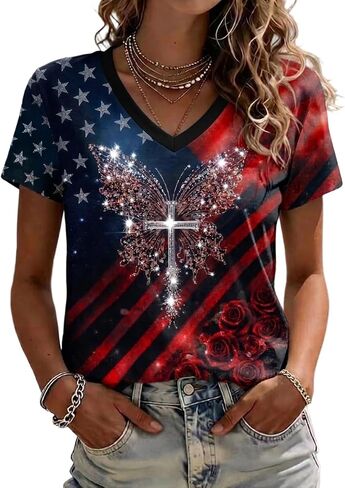250th Anniversary USA V-Neck T-Shirt Women All Over Print Patriotic Tee 4th of July Casual Shirt Tops in Saudi Arabia