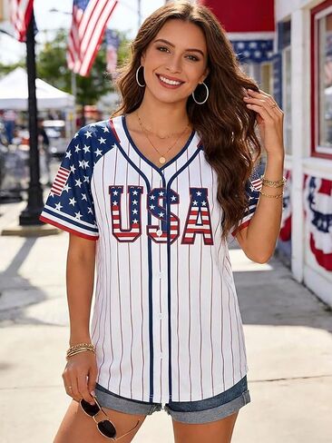 4th of July USA Jerseys for Women American Flag Patriotic Shirts 250th Anniversary Button Down Baseball Tee Top in Kuwait