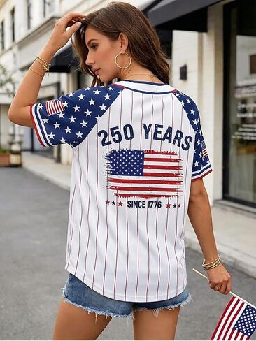 4th of July USA Jerseys for Women American Flag Patriotic Shirts 250th Anniversary Button Down Baseball Tee Top in Kuwait