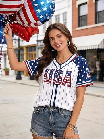 4th of July USA Jerseys for Women American Flag Patriotic Shirts 250th Anniversary Button Down Baseball Tee Top in Kuwait