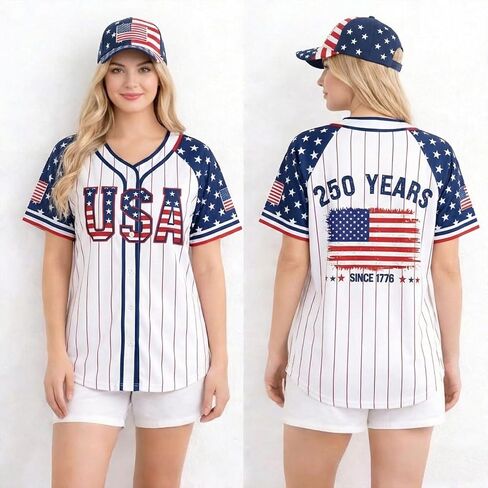 4th of July USA Jerseys for Women American Flag Patriotic Shirts 250th Anniversary Button Down Baseball Tee Top in Kuwait