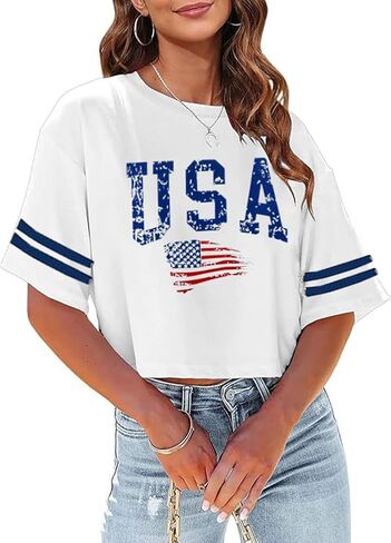 4th of July Shirts Women American Flag Crop Tops USA Patriotic T-Shirt Memorial Day Graphic Tee Tops in Saudi Arabia