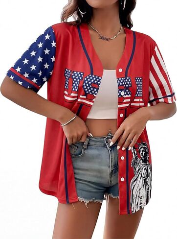4th of July USA Jerseys for Women American Flag Patriotic Shirts 250th Anniversary Button Down Baseball Tee Top in Kuwait