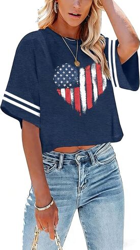 4th of July Shirts Women American Flag Crop Tops USA Patriotic T-Shirt Memorial Day Graphic Tee Tops in Saudi Arabia