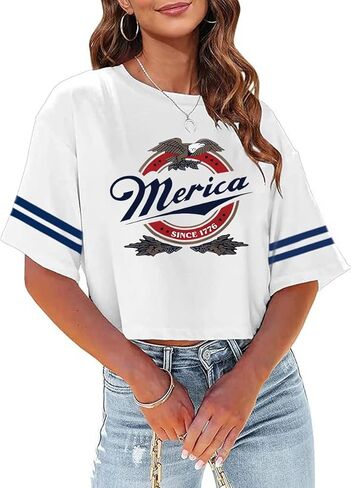 4th of July Shirts Women American Flag Crop Tops USA Patriotic T-Shirt Memorial Day Graphic Tee Tops in Saudi Arabia