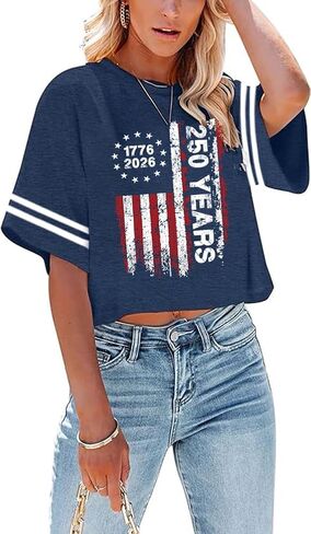 4th of July Shirts Women American Flag Crop Tops USA Patriotic T-Shirt Memorial Day Graphic Tee Tops in Saudi Arabia