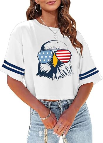 4th of July Shirts Women American Flag Crop Tops USA Patriotic T-Shirt Memorial Day Graphic Tee Tops in Saudi Arabia