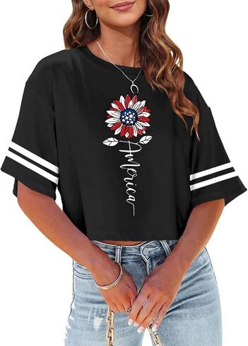 4th of July Shirts Women American Flag Crop Tops USA Patriotic T-Shirt Memorial Day Graphic Tee Tops in Saudi Arabia