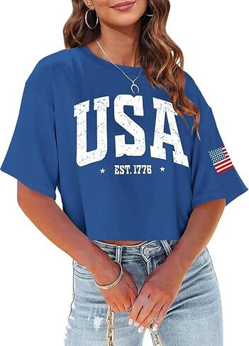 4th of July Shirts Women American Flag Crop Tops USA Patriotic T-Shirt Memorial Day Graphic Tee Tops in Saudi Arabia