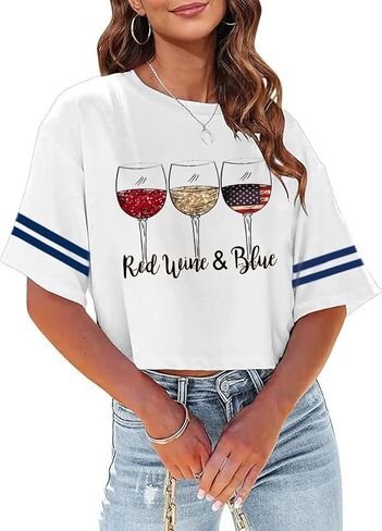 4th of July Shirts Women American Flag Crop Tops USA Patriotic T-Shirt Memorial Day Graphic Tee Tops in Saudi Arabia