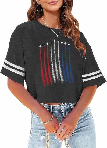 4th of July Shirts Women American Flag Crop Tops USA Patriotic T-Shirt Memorial Day Graphic Tee Tops in Saudi Arabia