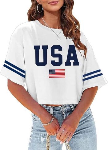 4th of July Shirts Women American Flag Crop Tops USA Patriotic T-Shirt Memorial Day Graphic Tee Tops in Saudi Arabia