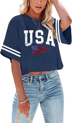 4th of July Shirts Women American Flag Crop Tops USA Patriotic T-Shirt Memorial Day Graphic Tee Tops in Saudi Arabia