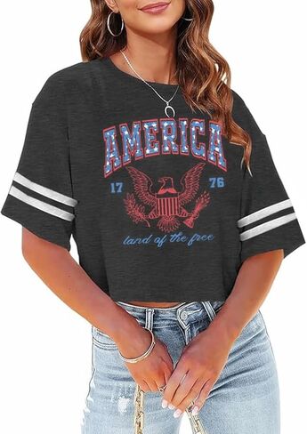 4th of July Shirts Women American Flag Crop Tops USA Patriotic T-Shirt Memorial Day Graphic Tee Tops in Saudi Arabia
