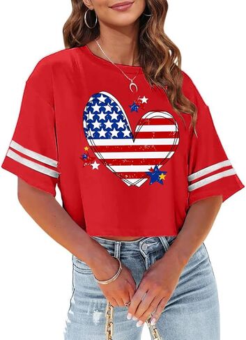 4th of July Shirts Women American Flag Crop Tops USA Patriotic T-Shirt Memorial Day Graphic Tee Tops in Saudi Arabia