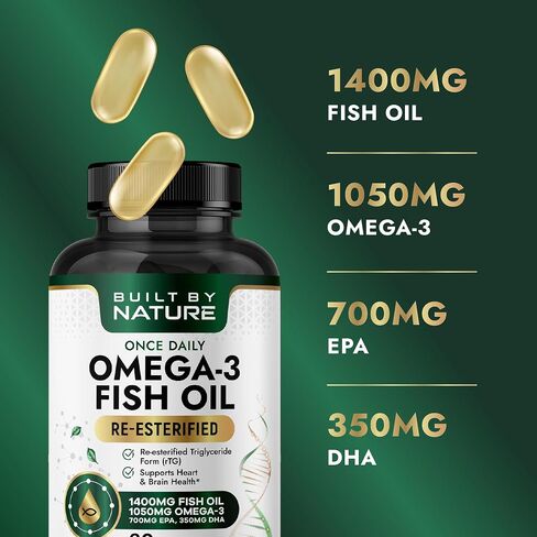 Built by Nature Omega 3 Fish Oil 1400 mg for Women & Men, 60 Softgels | Re-esterified Triglyceride Form (rTG), High EPA & DHA, Omega-3 Supplement in Kuwait