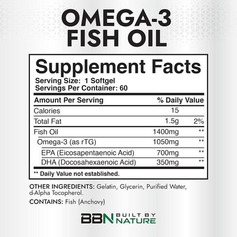 Built by Nature Omega 3 Fish Oil 1400 mg for Women & Men, 60 Softgels | Re-esterified Triglyceride Form (rTG), High EPA & DHA, Omega-3 Supplement in Kuwait