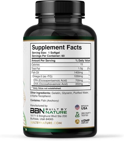 Built by Nature Omega 3 Fish Oil 1400 mg for Women & Men, 60 Softgels | Re-esterified Triglyceride Form (rTG), High EPA & DHA, Omega-3 Supplement in Kuwait