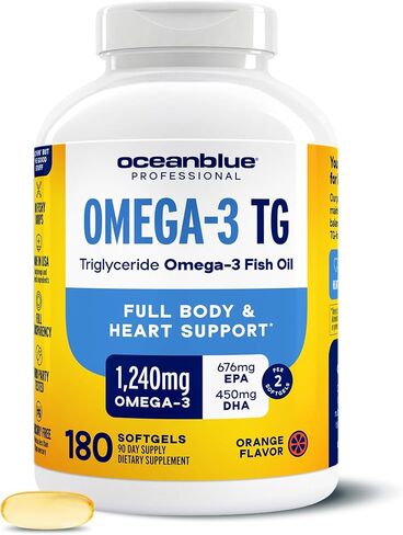 Oceanblue Omega-3 rTG Fish Oil - Heart, Brain, Eye Support | 180 Softgels - 90 Servings | 1240mg Omega-3, 676mg EPA, 450mg DHA | Burp-Free in Saudi Arabia