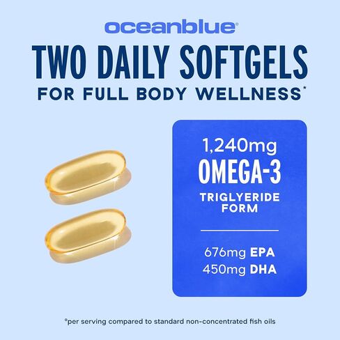 Oceanblue Omega-3 rTG Fish Oil - Heart, Brain, Eye Support | 180 Softgels - 90 Servings | 1240mg Omega-3, 676mg EPA, 450mg DHA | Burp-Free in Saudi Arabia