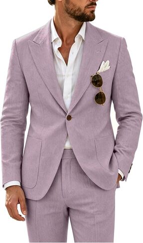 Men's Linen Suit 2 Piece Set Men Slim Fit Suits Business Beach Groomsmen Wedding Casual Prom Tuxedo Blazer Jacket Dress Pants in Saudi Arabia