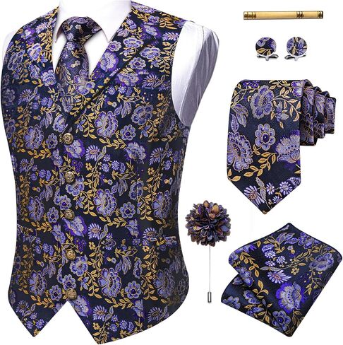YourTies Mens Vest Tie Set Shawl Collar Silk Paisley Formal Waistcoat Hanky Cufflinks Clip Lapel Pin Wedding Party in Saudi Arabia