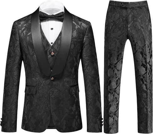 UNINUKOO Mens Suits 3 Piece 1 Button Prom Floral Wedding Shawl Lapel Casual Tuxedo Suit Set in Kuwait