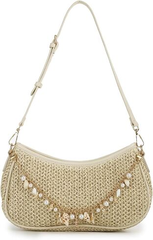 Emprier Straw Shoulder Bag for Women, Woven Raffia Underarm Hobo Purse with Seashell Charm Chain, Summer Beach Handbag in Kuwait
