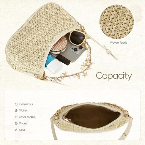 Emprier Straw Shoulder Bag for Women, Woven Raffia Underarm Hobo Purse with Seashell Charm Chain, Summer Beach Handbag in Kuwait