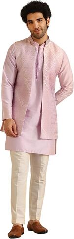 KISAH Men's Kurta Jacket Trouser Set, Lilac Jacquard, Woven Design Regular Fit Mandarin Collar Long Sleeves in Saudi Arabia