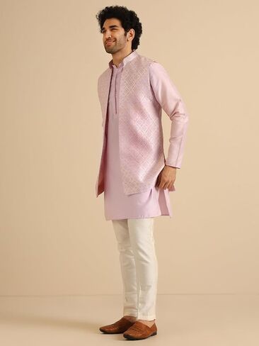 KISAH Men's Kurta Jacket Trouser Set, Lilac Jacquard, Woven Design Regular Fit Mandarin Collar Long Sleeves in Saudi Arabia