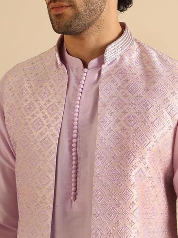 KISAH Men's Kurta Jacket Trouser Set, Lilac Jacquard, Woven Design Regular Fit Mandarin Collar Long Sleeves in Saudi Arabia