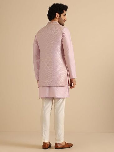 KISAH Men's Kurta Jacket Trouser Set, Lilac Jacquard, Woven Design Regular Fit Mandarin Collar Long Sleeves in Saudi Arabia