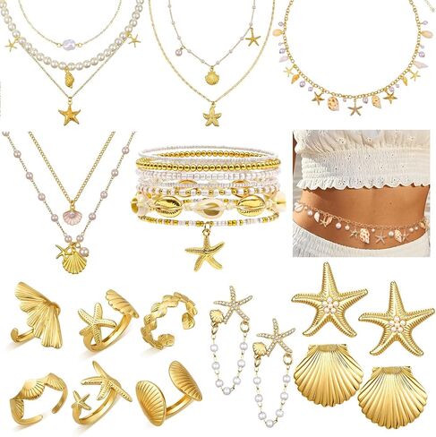23 Pcs Starfish Seashell Beach Jewelry Set, Layer Necklace Bracelets Stackable Shell Starfish Rings Earrings Boho Pearl Beach Accessories for Women in Saudi Arabia