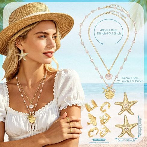 23 Pcs Starfish Seashell Beach Jewelry Set, Layer Necklace Bracelets Stackable Shell Starfish Rings Earrings Boho Pearl Beach Accessories for Women in Saudi Arabia