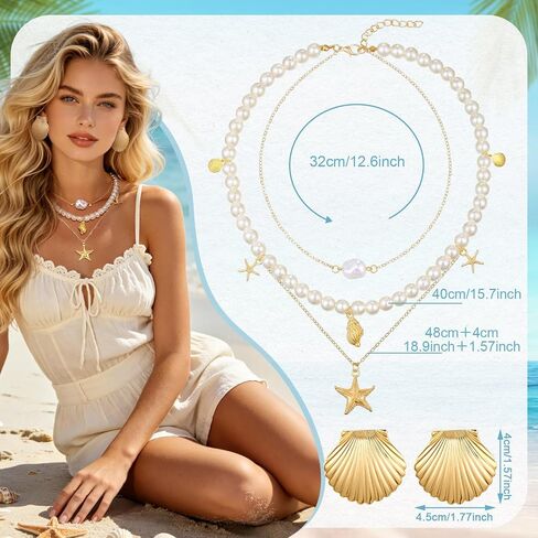 23 Pcs Starfish Seashell Beach Jewelry Set, Layer Necklace Bracelets Stackable Shell Starfish Rings Earrings Boho Pearl Beach Accessories for Women in Saudi Arabia