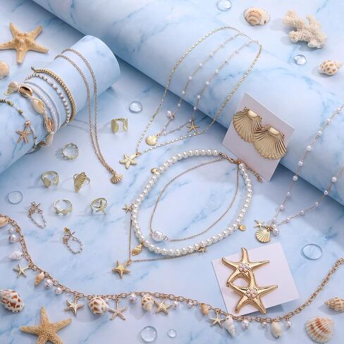 23 Pcs Starfish Seashell Beach Jewelry Set, Layer Necklace Bracelets Stackable Shell Starfish Rings Earrings Boho Pearl Beach Accessories for Women in Saudi Arabia