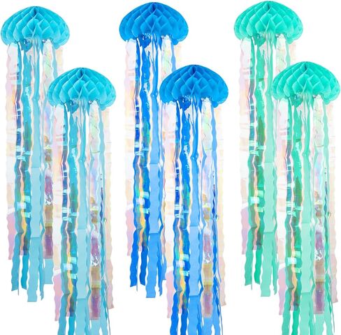 6 Pcs Hanging Jellyfish Paper Honeycomb Decorations Blue Jellyfish Decor for The Sea Ocean Party, Mermaid Birthday Decoration, Baby Shower, Nautical Events(Blue) in Kuwait
