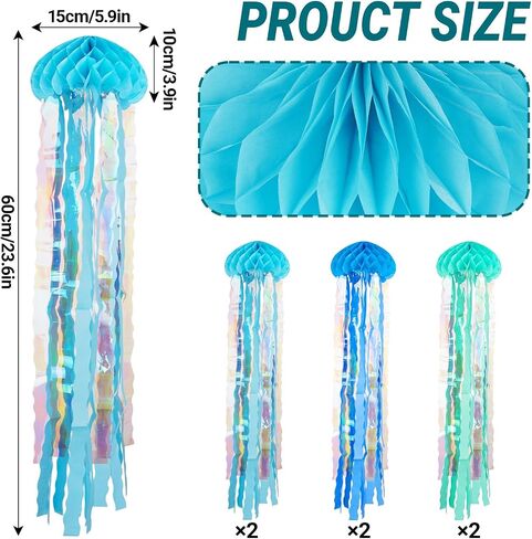 6 Pcs Hanging Jellyfish Paper Honeycomb Decorations Blue Jellyfish Decor for The Sea Ocean Party, Mermaid Birthday Decoration, Baby Shower, Nautical Events(Blue) in Kuwait