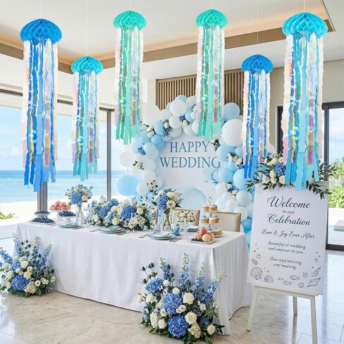 6 Pcs Hanging Jellyfish Paper Honeycomb Decorations Blue Jellyfish Decor for The Sea Ocean Party, Mermaid Birthday Decoration, Baby Shower, Nautical Events(Blue) in Kuwait