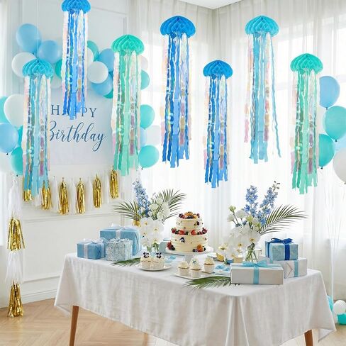 6 Pcs Hanging Jellyfish Paper Honeycomb Decorations Blue Jellyfish Decor for The Sea Ocean Party, Mermaid Birthday Decoration, Baby Shower, Nautical Events(Blue) in Kuwait