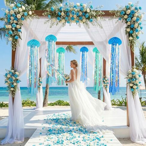 6 Pcs Hanging Jellyfish Paper Honeycomb Decorations Blue Jellyfish Decor for The Sea Ocean Party, Mermaid Birthday Decoration, Baby Shower, Nautical Events(Blue) in Kuwait