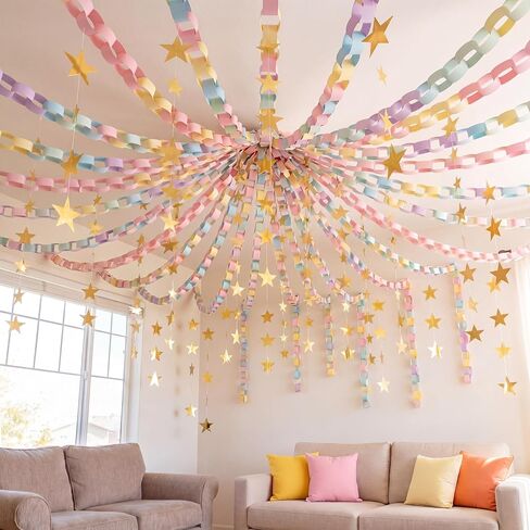 Maitys 500 Sheets Paper Chain Strips and Mirror Star Garland 13 Feet Paper Crafts Banner with Double Sided Tape for Crafting Birthday Wedding Festival Theme Party Decor (Macaron,3 x 8 Inches) in Kuwait