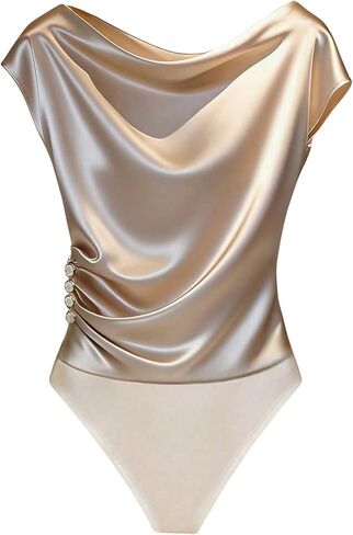 SOLY HUX Women's Satin Bodysuit Elegant Cowl Neck Tee Shirt Leotard Business Casual Tops in Kuwait