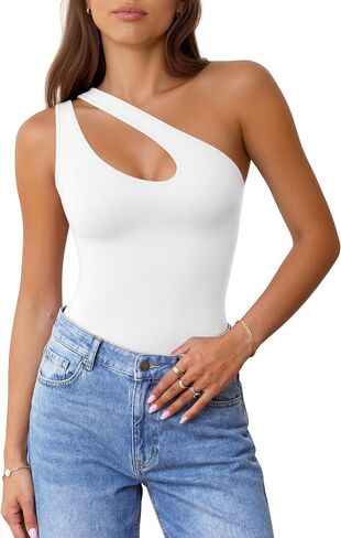 Women Sexy One Shoulder Thong Bodysuit Sleeveless V Backless Body Suit Cutout Going Out Tank Tops Summer Top 2026 in Saudi Arabia
